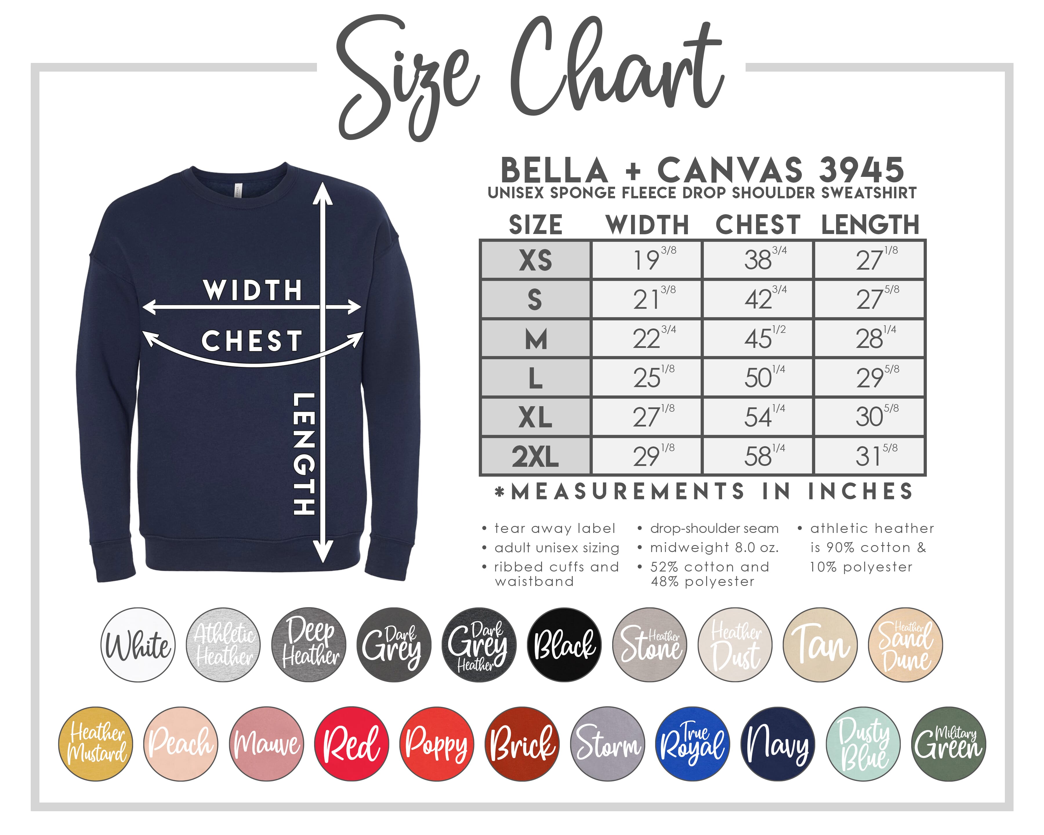 Bella Canvas Sizing & Color Chart – Into The Wind Customs LLC