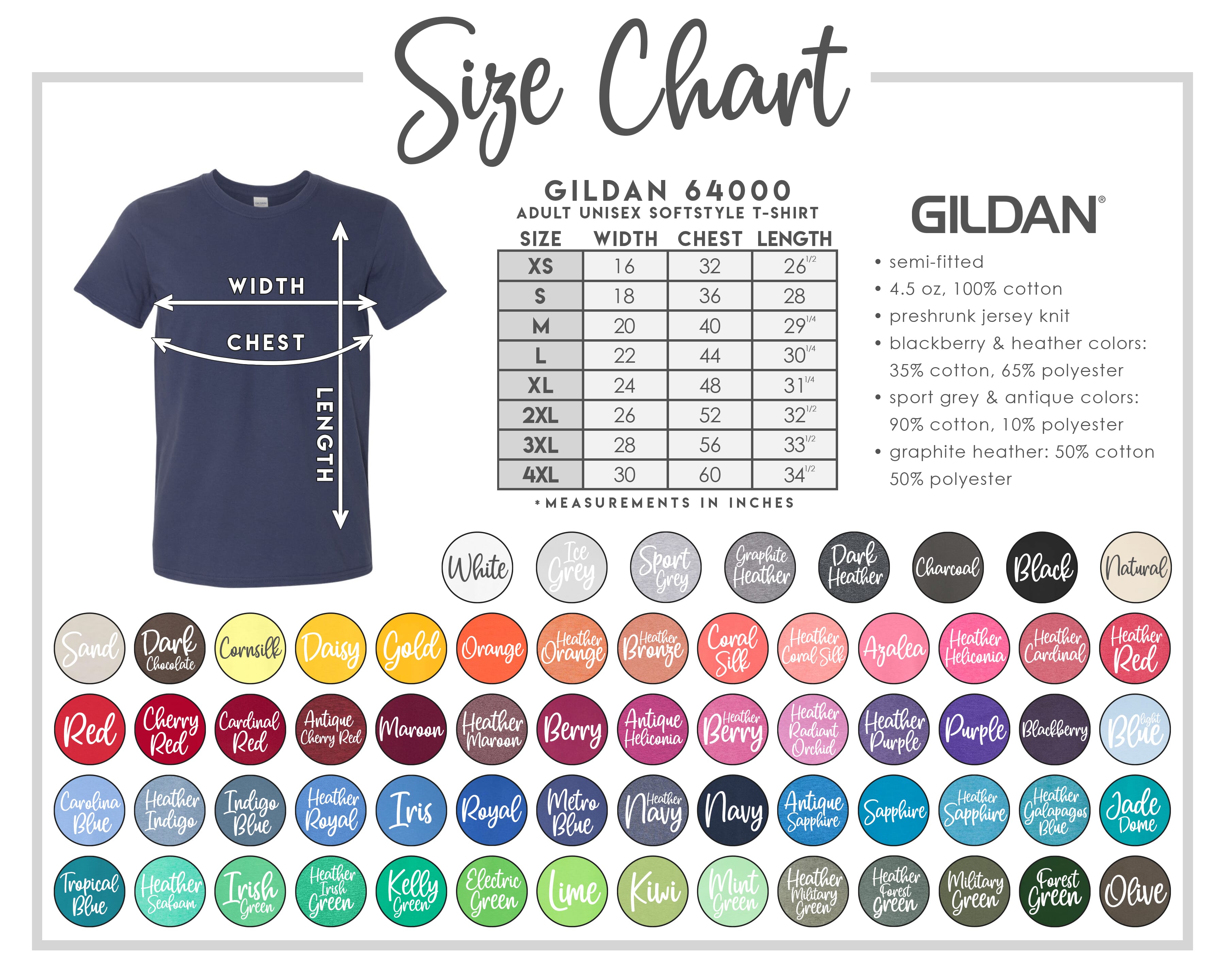 Gildan Sizing & Color Chart – Into The Wind Customs LLC